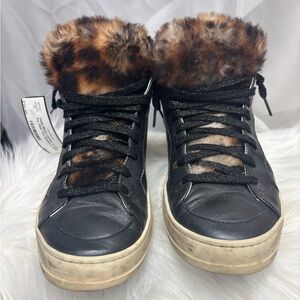 P448 Black Leather & Faux Fur High Top Sneakers 40/8.5